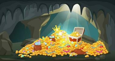 Karikatur Schatz Höhle mit Haufen von Münzen, Gold Riegel, Edelsteine und Juwelen. versteckt uralt Bergwerk mit Pirat Schätze und Schmuck Vektor Illustration