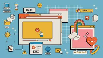 90s retro vaporwave estetik digital skärm användare gränssnitt. söt gammal dator ui element, nostalgisk pc ikoner och dialog lådor vektor uppsättning