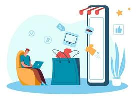Einkaufen online von Zuhause Sitzung im Stuhl vektor