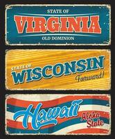 USA Zustände Virginia, Wisconsin, Hawaii Zeichen Platten vektor