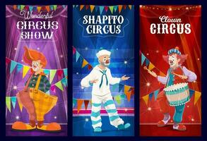 shapito cirkus clowner, gycklare och harlekin vektor