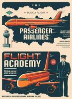 passagerare flygbolag, flyg akademi retro posters vektor