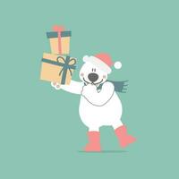 fröhlich Weihnachten und glücklich Neu Jahr mit süß Polar- Polar- Bär und Geschenk Geschenk Box im das Winter Jahreszeit, eben Vektor Illustration Karikatur Charakter Kostüm Design