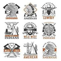 wild Westen Cowboy, amerikanisch Indianer Vektor Symbole