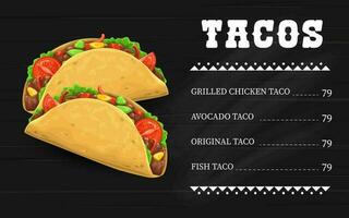 Tacos Vektor Speisekarte Vorlage Mexikaner schnell Essen Snack