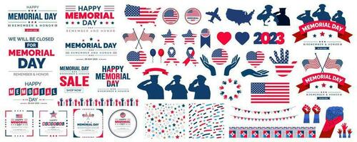 Lycklig minnesmärke dag text, typografi, USA flagga och minnesmärke dag element stor uppsättning bunt design. USA flagga, de staty av frihet fyrverkeri, ballonger, och många Mer illustrationer i ett stor bunt. vektor