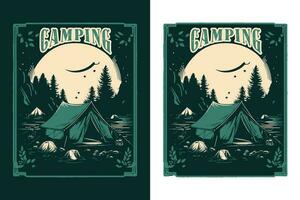 camping t-shirt design, resa t-shirt skriva ut, äventyr fjäll, sublimering skriva ut, design utomhus, tält camping i en skog nära de bergen vektor