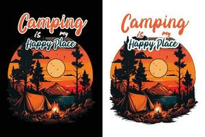 Camping T-Shirt Design, Reise T-Shirt drucken, Abenteuer Berg, Sublimation drucken, Design draussen, Zelt Camping im ein Wald in der Nähe von das Berge vektor