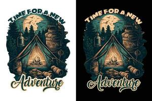 Camping T-Shirt Design, Reise T-Shirt drucken, Abenteuer Berg, Sublimation drucken, Design draussen, Zelt Camping im ein Wald in der Nähe von das Berge vektor