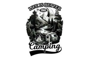 camping t-shirt design, resa t-shirt skriva ut, äventyr fjäll, sublimering skriva ut, design utomhus, tält camping i en skog nära de bergen vektor