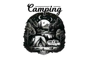 Camping T-Shirt Design, Reise T-Shirt drucken, Abenteuer Berg, Sublimation drucken, Design draussen, Zelt Camping im ein Wald in der Nähe von das Berge vektor