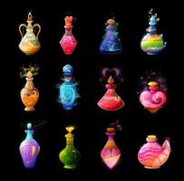 magi potions, fantasi elixir i glas flaskor vektor