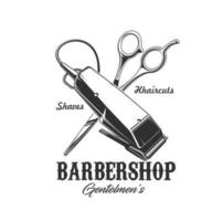 Friseur Rasierapparat und Schere Symbol, Barbier Geschäft vektor