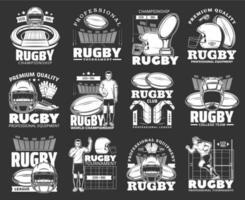 rugby spel konkurrens, Utrustning retro ikoner vektor