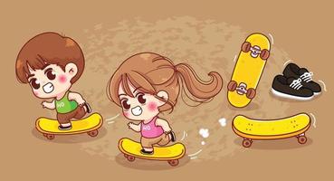söt pojke och flicka spela skateboard tecknad illustration vektor