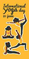 internationell yoga dag. afrikansk amerikan kvinna håller på med yoga övningar. platt vektor illustration. vertikal banderoller och tapet för social media berättelser.