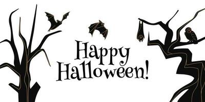 glücklich Halloween horizontal Banner. tot Bäume und Fledermäuse. schwarz und Weiß Illustration. Urlaub Dekoration. Boo Trick oder behandeln. vektor