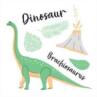 süß Dinosaurier gezeichnet wie Vektor auf Weiß zum Kinder Mode. Palme und Vulkan. Brachiosaurus.