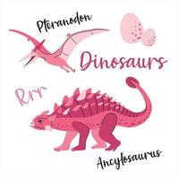 söt dinosaurie dragen som vektor på vit för barn mode. handflatan och vulkan. ancylosauros. pteranodon.
