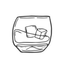 Gekritzel Linie Zeichnung von Whiskey im Glas mit Eis Würfel. Bar und Restaurant Konzept minimalistisch Design zum Logo isoliert auf Weiß Hintergrund. Vektor Illustration