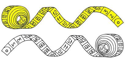 Gelb und schwarz und Weiß Nähen Zentimeter Bänder. Hand gezeichnet Objekt isoliert auf Weiß Hintergrund. Vektor Nähen Elemente im modisch Stil.