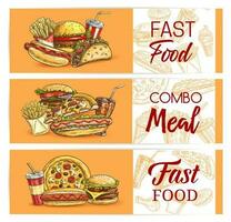 schnell Essen Getränke, Mahlzeiten Banner, wegbringen Fast Food vektor