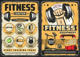 Fitness Center, Fitnessstudio Ausrüstung retro Vektor Plakate