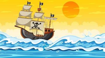 Ozeanszene zur Sonnenuntergangszeit mit Piratenschiff im Karikaturstil vektor