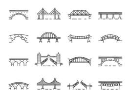 linje bro ikoner, viadukt båge på flod, järnväg vektor