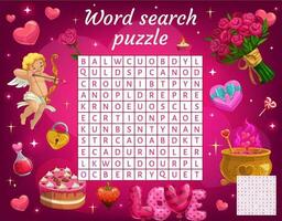 Kuchen, Herzen und Süßigkeiten, Wort Suche Puzzle Spiel vektor