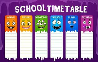 Bildung Schule Zeitplan mit süß Monster- Gesichter vektor