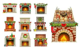 hus eldstäder med jul dekorationer uppsättning vektor
