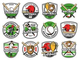 weicher Ball, Baseball Verein Embleme, Schläger und Ball Mannschaft vektor
