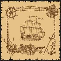 Jahrgang Pirat Schiff Schiff mit Seil rahmen, skizzieren vektor