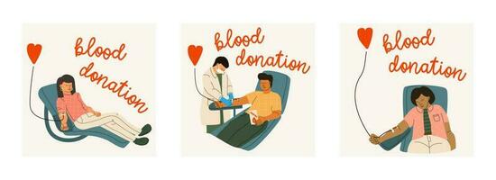 uppsättning av vektor illustrationer på blod givare begrepp. män och kvinnor donera blod frivilligt. en sjuksköterska eller läkare i en medicinsk enhetlig och en skyddande mask assisterar på de blod transfusion station.