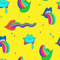 psychedelisch Lippen mit Regenbogen Zunge. klassisch Karikatur Vektor mehrfarbig Neon- Illustration. Vektor nahtlos Muster zum Hippie Design.