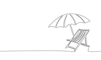 däck stol med paraply på strand. ett linje kontinuerlig deckchair och Sol paraply. linje konst strand sommar begrepp, översikt vektor illustration.