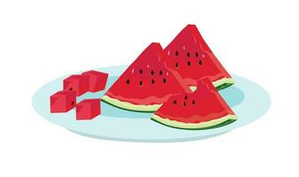 Wassermelone Vektor Illustration. Wassermelone Scheiben auf das Gericht. Hälfte gegessen Wassermelone. Sommer- Obst Thema und Konzept. eben Vektor im Karikatur Stil.