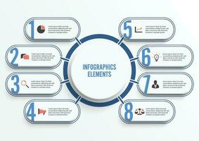 vektor infographic mall med 3d pappersetikett, integrerade cirklar. affärsidé med 8 alternativ. för innehåll, diagram, flödesschema, steg, delar, tidslinjeinfografik, arbetsflöde, diagram.