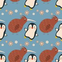 mönster med kiwi och pingvin fåglar. vektor