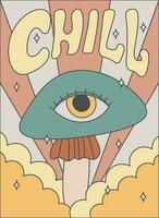 retro Magie Hippie Banner mit Ausruhen Text. psychedelisch Hand gezeichnet groovig Pilz mit Auge. Hintergrund im das Stil von das alt 70er. vektor