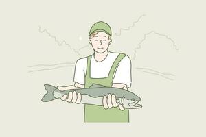 Hobby, Angeln, gefangen Konzept. jung glücklich lächelnd Junge Angler Fischer Karikatur Charakter zeigen Fang und suchen Gerade beim Kamera. Sommer- Urlaub Erholung und aktiv Lebensstil Illustration. vektor