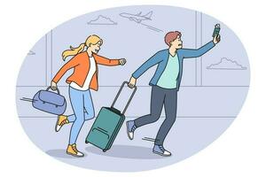 besorgt Touristen Lauf zum Flug im Flughafen vektor