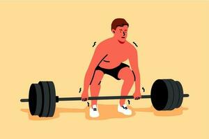 Ausbildung, Sport, Heben, Stärke, Fitness Konzept. jung stark Mann oder Kerl Athlet Karikatur Charakter vorbereiten zu Aufzug Hanteln mit hoch Gewicht. aktiv Bodybuilding trainieren oder Crossfit Illustration. vektor