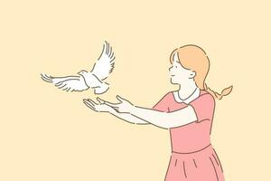 fred symbol, frihet liknelse begrepp. flicka uthyrning gå vit duva, söt unge miljö fri duva med öppen vapen gest, kvinna volontär- tar vård av fåglar. enkel platt vektor