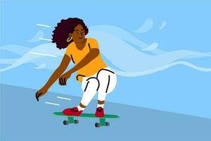 Skateboard fahren, Sport, Erholung, Sommer Konzept. jung afrikanisch amerikanisch Frau Mädchen Teenager Athlet Charakter Reiten Skateboard und durchführen Tricks. aktiv Sommer- extrem Lebensstil Illustration vektor