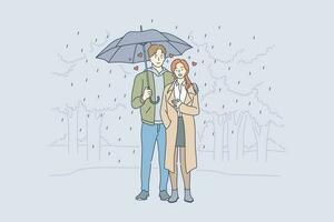 kärlek, relation, roman begrepp. ung kärleksfull par pojkvän och flickvän man och kvinna tecknad serie tecken stående omfamnade med paraply i regn vektor. romantisk datum i parkera illustration. vektor