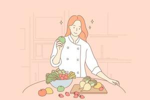 Gesundheit, vegan, Essen, Kochen Konzept. Frau Mädchen Kocher Vegetarier Karikatur Charakter Stehen mit gesund Essen Früchte und Gemüse beim Zuhause Restaurant. gesund Lebensstil und richtig Ernährung oder Diät vektor