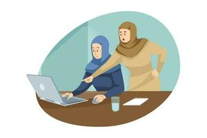 lagarbete, coworking, företag, analys, möte begrepp. team av muslim arab affärskvinna chefer kollegor chef anställd arbetssätt i kontor. kollektiv diskussion och brainstorming illustration. vektor