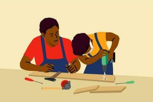faderskap, barndom, arbete, utbildning, hjälp begrepp. ung afrikansk amerikansk man pappa och barn unge pojke son arbetssätt tillsammans undervisning borrning hål i trä- planka. fäder dag rekreation illustration vektor